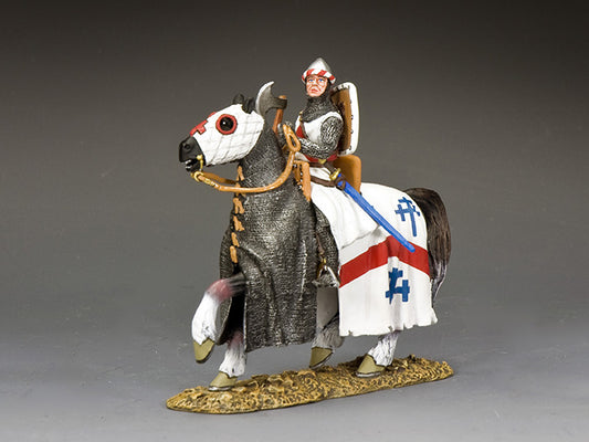 Swabian knight in white heraldic armor, mounted with axe raised, ready for battle during the Crusades. Horse draped in matching livery. 1/30 scale