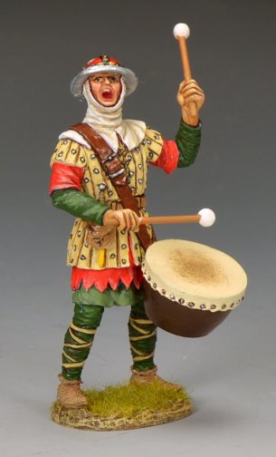 Front view of MK248 medieval drummer in colorful livery with drum, King & Country, 1/30 scale