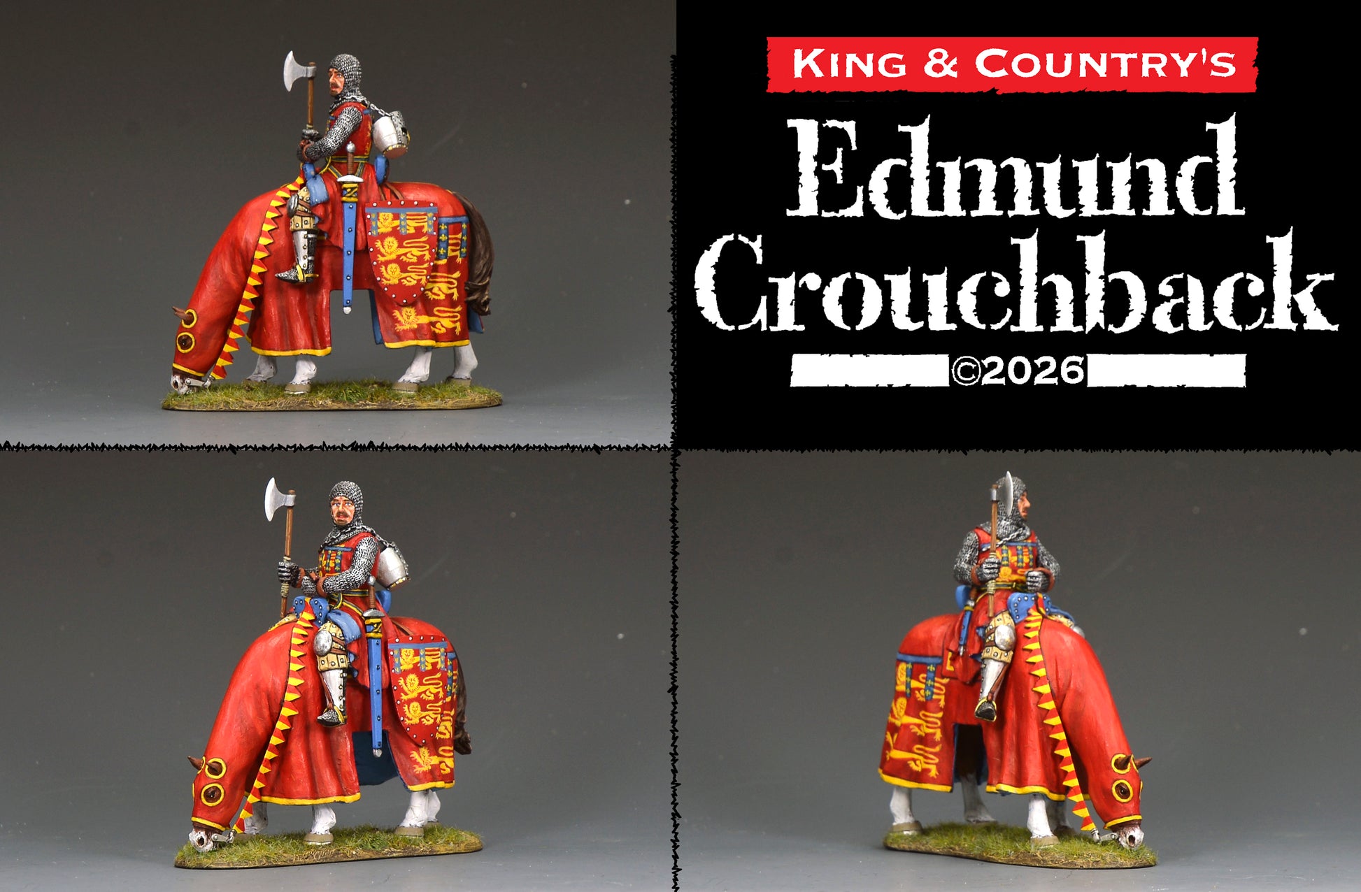 A four-panel product image showing a painted miniature figurine of a mounted warrior on a horse. The horse wears a bright red and gold livery with blue accents, and the rider holds a large axe.