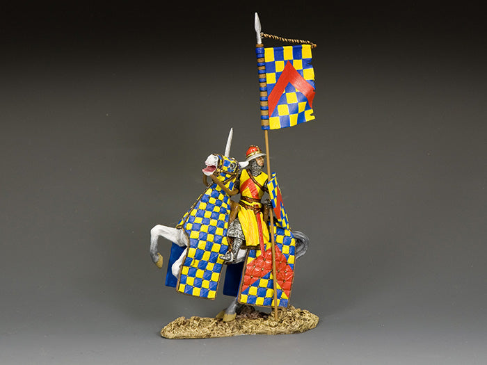 Toy Soldier Robert de Chevron, mounted in blue and yellow heraldry, raises a banner—Crusader-era French knight driven by ambition and fortune.