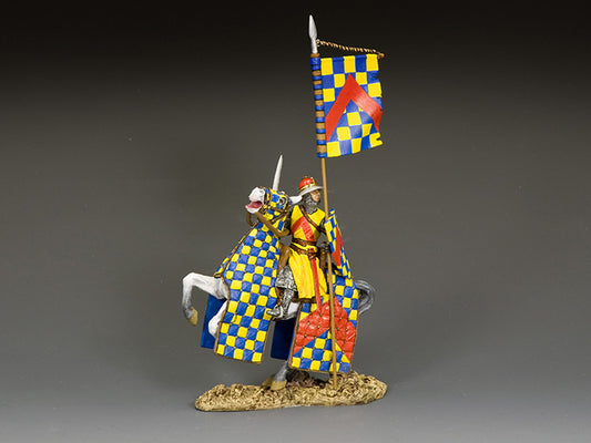 Toy Soldier Robert de Chevron, mounted in blue and yellow heraldry, raises a banner—Crusader-era French knight driven by ambition and fortune.