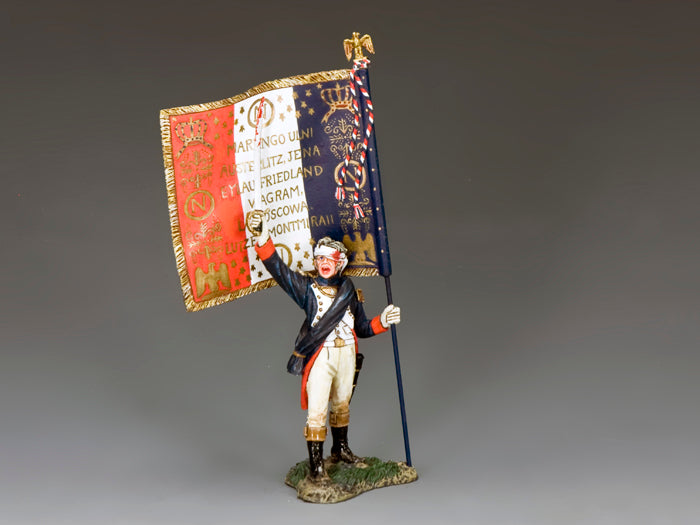 Wounded Napoleonic officer raises sword and holds regimental flag, defending it with pride and resolve. 1/30 scale matte figure.