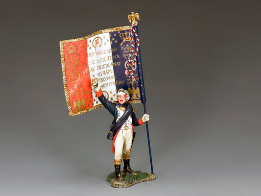 Wounded Napoleonic officer raises sword and holds regimental flag, defending it with pride and resolve. 1/30 scale matte figure.