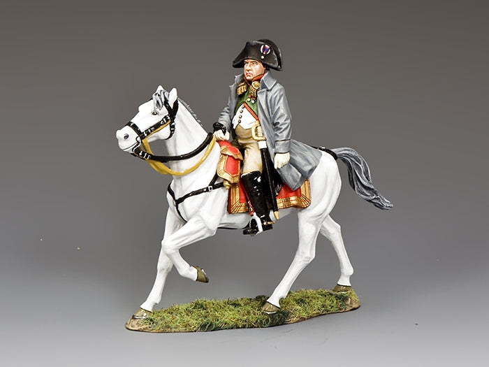 Mounted Napoleon in grey coat on white horse Marengo, 1/30 scale matte toy soldier from Napoleonic collection.