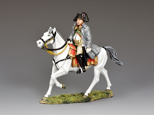 Mounted Napoleon in grey coat on white horse Marengo, 1/30 scale matte toy soldier from Napoleonic collection.