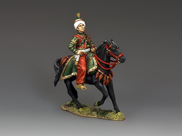 Mounted Mameluk bodyguard Roustan in ornate uniform riding black horse, 1/30 scale matte-finish Napoleonic toy soldier.