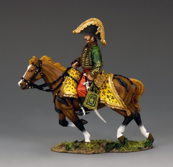 Toy soldier Mounted figure of General Lasalle in green pelisse and red Mameluke trousers, 1/30 scale matte-finish Napoleonic toy soldier.