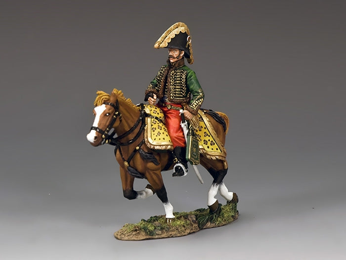 Mounted figure of General Lasalle in green pelisse and red Mameluke trousers, 1/30 scale matte-finish Napoleonic toy soldier.
