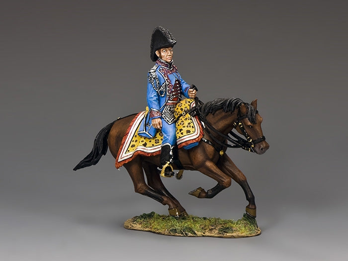 Mounted figure of General Gourgaud in blue general's uniform with leopard-skin saddle, 1/30 scale matte finish toy soldier.