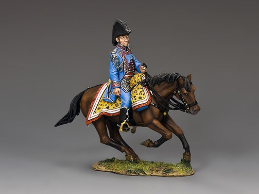 Mounted figure of General Gourgaud in blue general's uniform with leopard-skin saddle, 1/30 scale matte finish toy soldier.