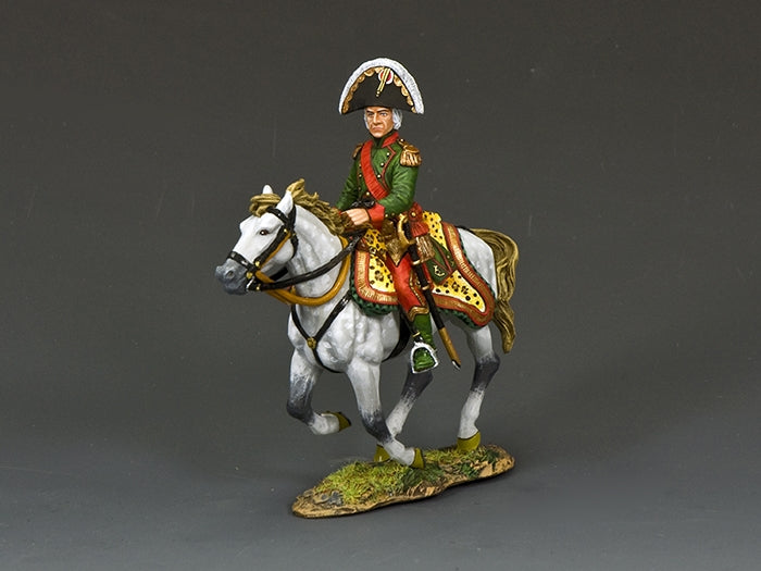 Mounted figure of Marshal Bessières in green uniform on white horse, 1/30 scale matte finish toy soldier.