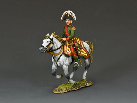 Mounted figure of Marshal Bessières in green uniform on white horse, 1/30 scale matte finish toy soldier.