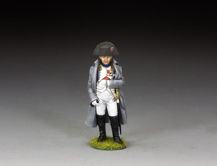 Napoleon in Imperial Guard colonel's uniform with grey overcoat and medals. 1/30 scale, matte finish toy soldier.