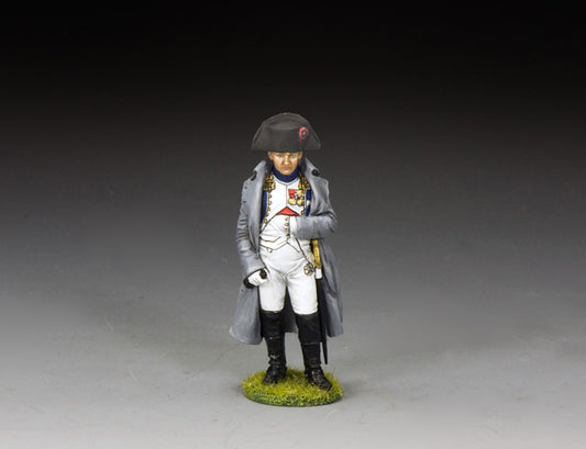 Napoleon in Imperial Guard colonel's uniform with grey overcoat and medals. 1/30 scale, matte finish toy soldier.