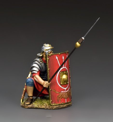Kneeling Roman Legionary with shield and pilum in defensive stance, 1/30 scale matte figure.