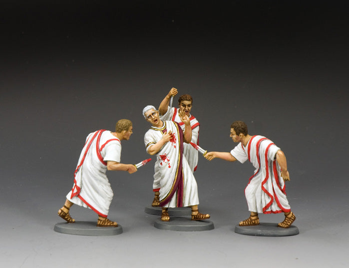 Model figures of Roman soldiers in white tunics with red accents on a gray background
