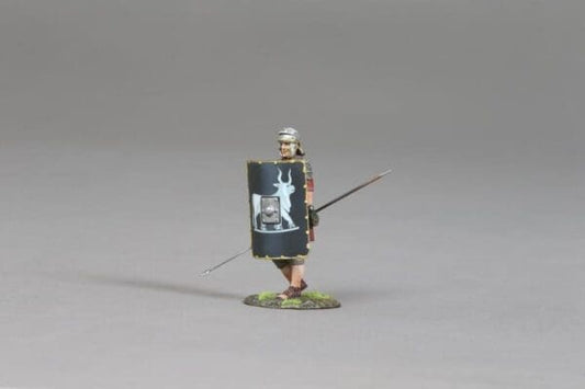 Collectible toy soldier miniature army men Marching Roman with Pila. Soldier has a black shield.