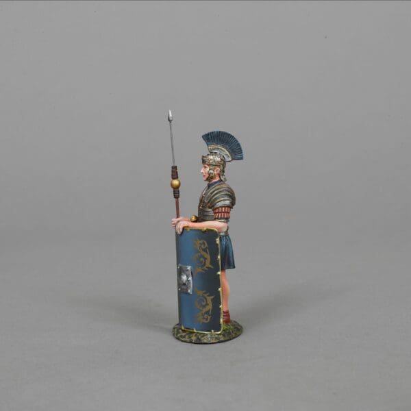 Collectible toy soldier army men miniature figurine Praetorian Guard. Blue shield and spear. He is wearing armor.