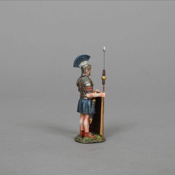 Side view of Collectible toy soldier miniature army men Praetorian Guard. Has a long spear.