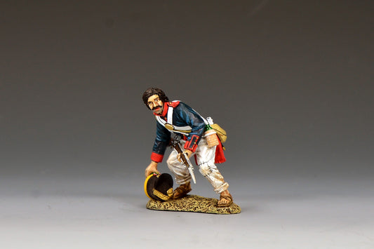 King & Country S.A.A. Soldier Reaching For His Shako, Mexican line infantryman bending to pick up his fallen shako, blue coatee with red facings, Alamo 1836, 1/30 60mm matte figure, RTA132