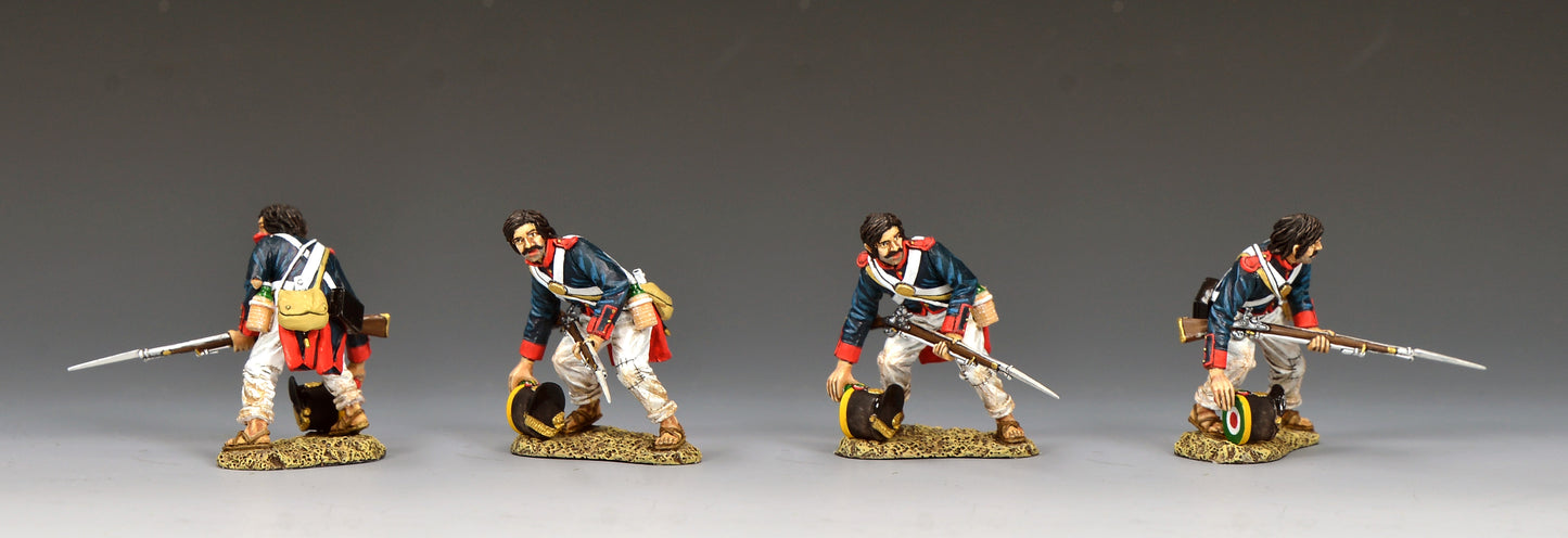 Toy soldier King & Country S.A.A. Soldier Reaching For His Shako, Mexican line infantryman bending to pick up his fallen shako, blue coatee with red facings, Alamo 1836, 1/30 60mm matte figure, RTA132 military miniature