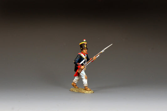 King & Country S.A.A. Soldier Charging Forward, Mexican line infantryman with musket at high port position, tall shako with tri-color pompom, blue coatee with red facings, Alamo 1836, 1/30 60mm matte figure, RTA133