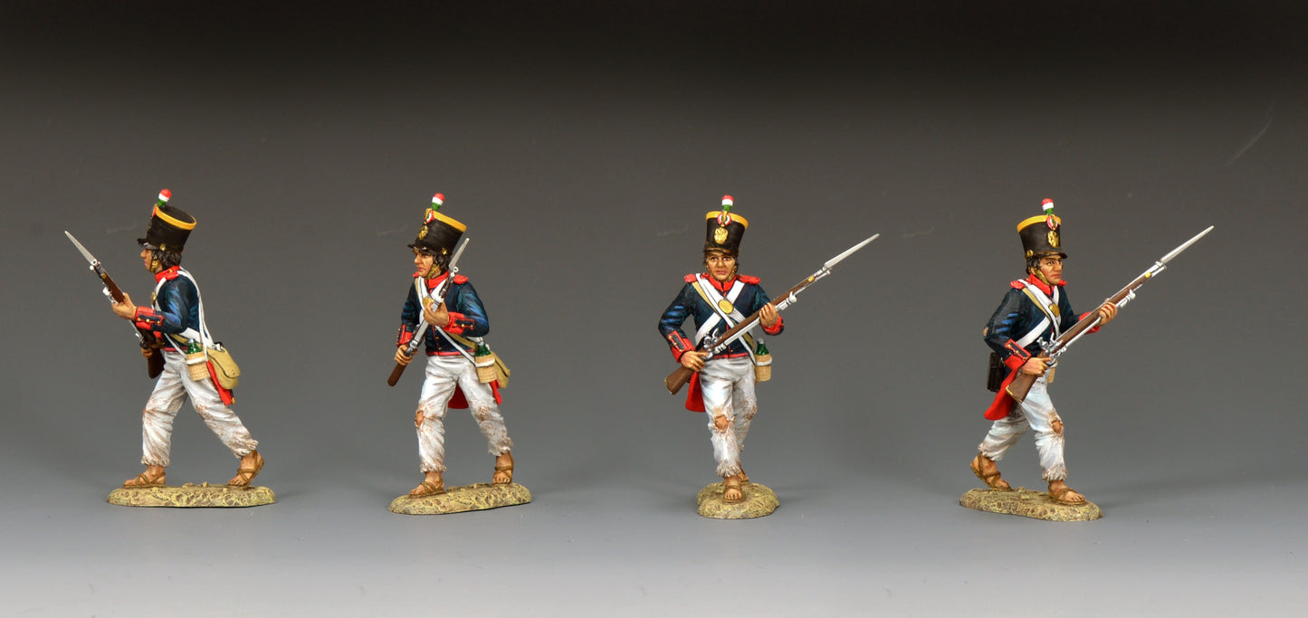 Toy Soldier King & Country S.A.A. Soldier Charging Forward, Mexican line infantryman with musket at high port position, tall shako with tri-color pompom, blue coatee with red facings, Alamo 1836, 1/30 60mm matte figure, RTA133