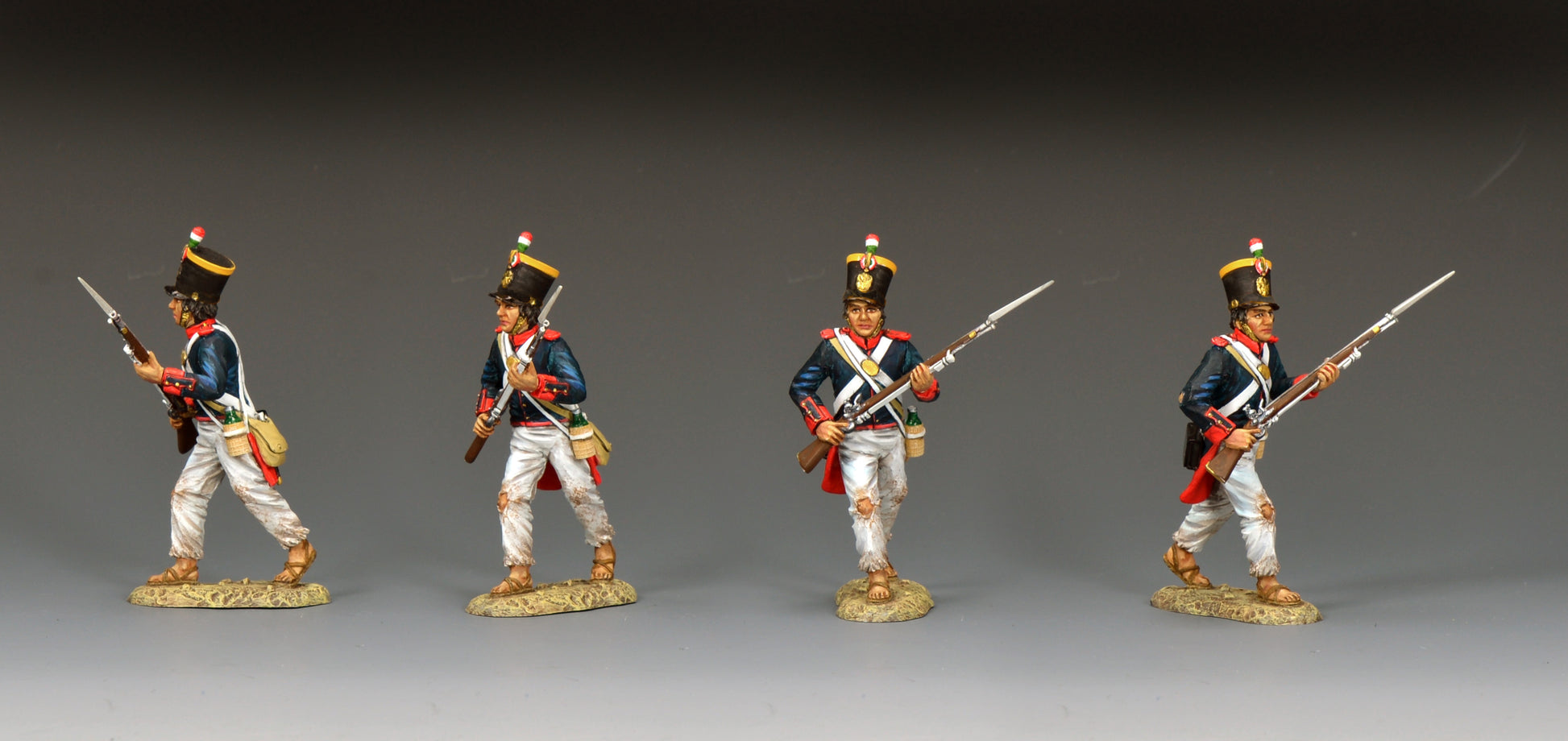 Toy Soldier King & Country S.A.A. Soldier Charging Forward, Mexican line infantryman with musket at high port position, tall shako with tri-color pompom, blue coatee with red facings, Alamo 1836, 1/30 60mm matte figure, RTA133