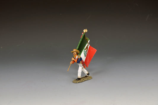 King & Country Mexican Army Flagbearer, young officer carrying green-white-red Mexican tricolor with eagle and serpent emblem, blue coatee with red facings and gold epaulettes, Alamo 1836, 1/30 60mm matte figure, RTA138