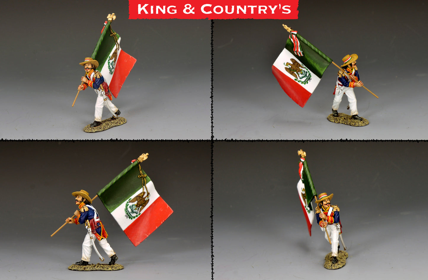 Toy Soldier King & Country Mexican Army Flagbearer, young officer carrying green-white-red Mexican tricolor with eagle and serpent emblem, blue coatee with red facings and gold epaulettes, Alamo 1836, 1/30 60mm matte figure, RTA138 military miniature