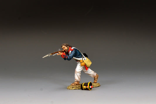 King & Country S.A.A. Soldier Advancing Firing, Mexican line infantryman firing bayoneted musket with shot-off shako on ground at his feet, blue coatee with red facings, Alamo 1836, 1/30 60mm matte figure, RTA142