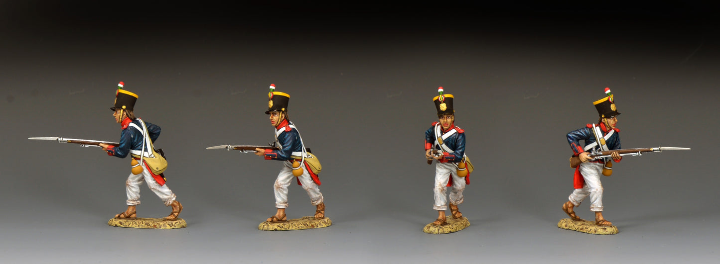 Toy soldier King & Country S.A.A. Soldier Running Forward, Mexican line infantryman charging with bayoneted musket, tall shako with tri-color pompom, blue coatee with red facings, Alamo 1836, 1/30 60mm matte figure, RTA145 military miniature