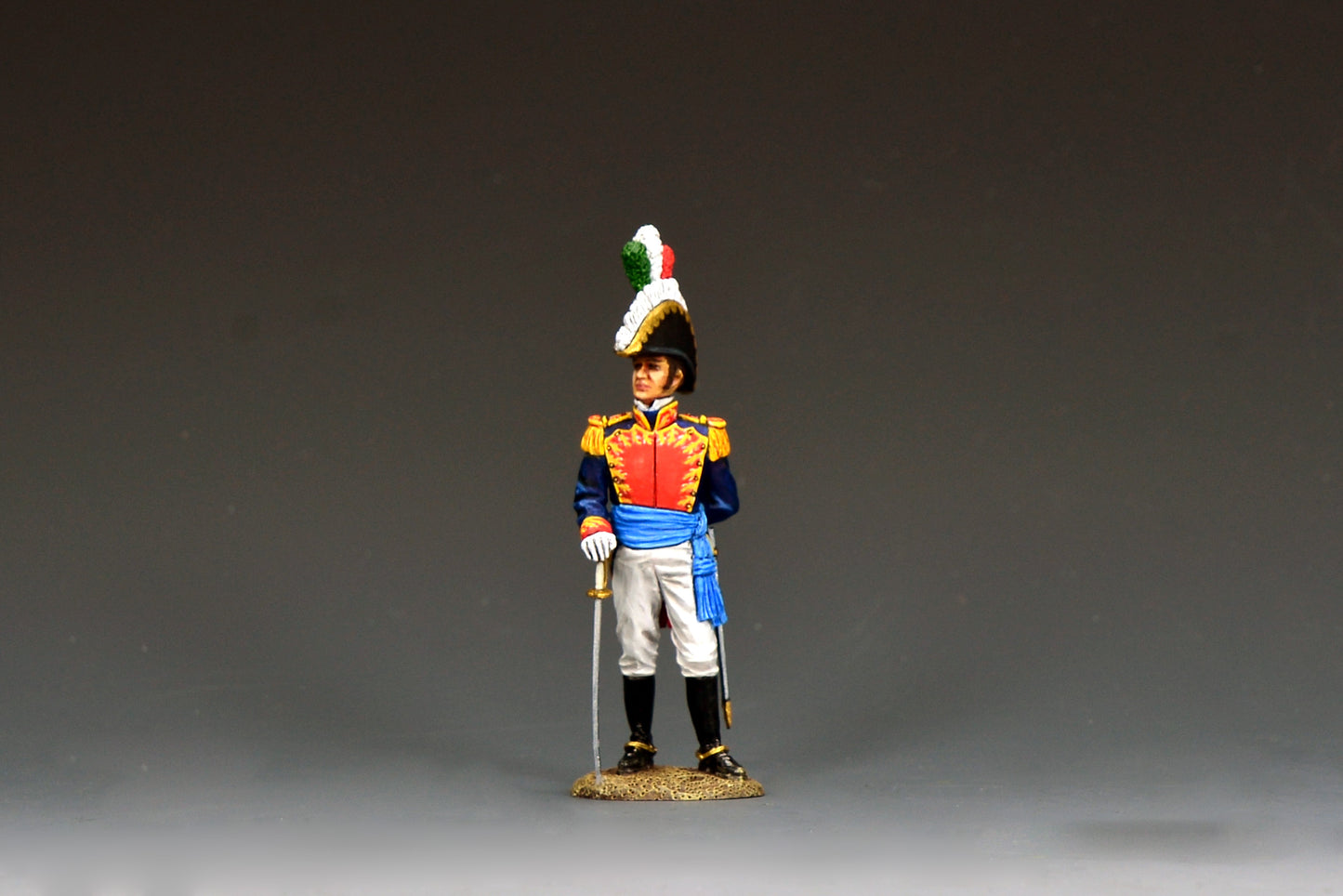 King & Country General Santa Anna standing in full dress, plumed bicorne, gold-laced blue coatee and sash, sword grounded, Alamo 1836, RTA151