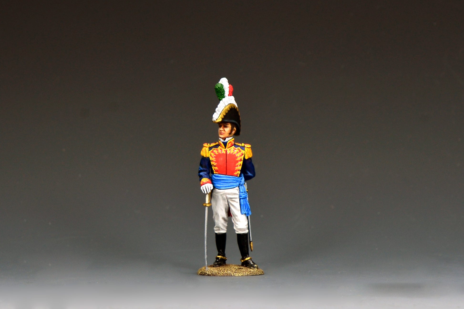 King & Country General Santa Anna standing in full dress, plumed bicorne, gold-laced blue coatee and sash, sword grounded, Alamo 1836, RTA151