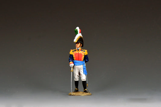 King & Country General Santa Anna standing in full dress, plumed bicorne, gold-laced blue coatee and sash, sword grounded, Alamo 1836, RTA151