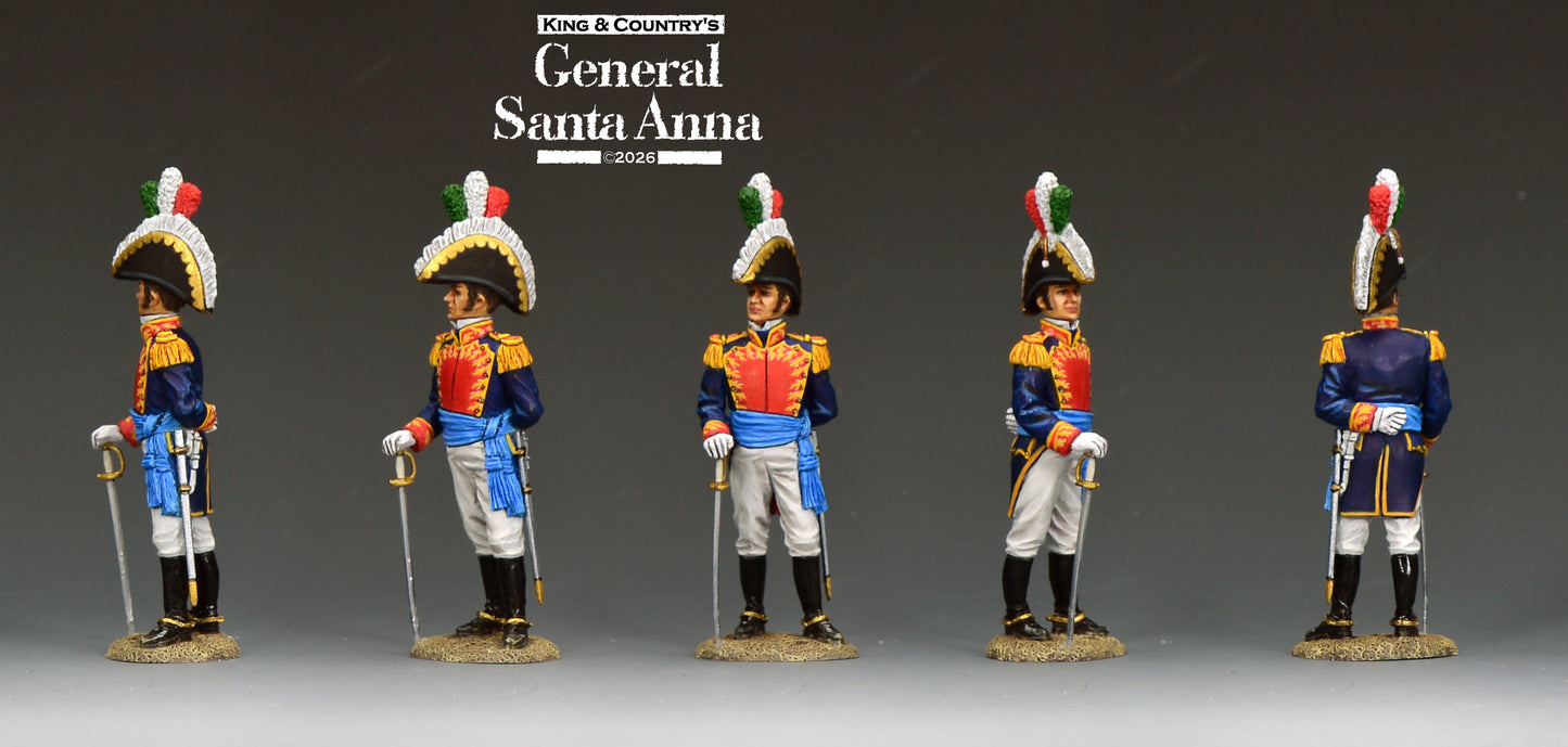 RTA151  hand-painted miniature figurines of General Santa Anna in different military poses, displayed against a dark gray gradient background with the brand logo 'King & Country's General Santa Anna 2021' at the top.