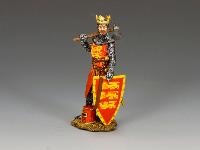 Toy soldier of Richard the Lionheart in royal red livery with crown, axe, and shield bearing the three lions of England.