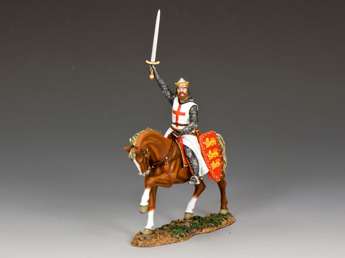 Toy soldier of Richard the Lionhearted mounted on horseback, in Crusader armor, holding sword aloft, modeled after Westminster statue.