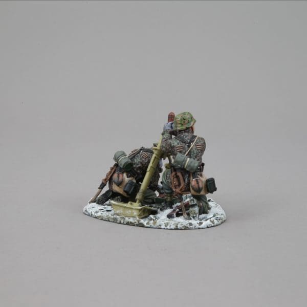 Rear view of Collectible toy soldier miniature army men figurine 80 MM Mortar Team Winter..