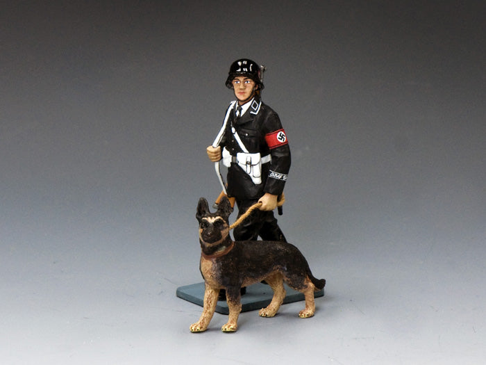 Toy soldier miniature army men SS dog handler in black uniform with german shepherd dog on leash.