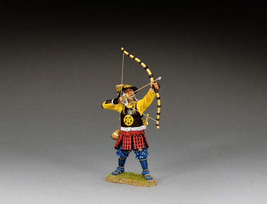 King & Country Ashigaru Archer launching arrow at Sekigahara 1600 — 1/30 scale matte-painted Western Army figure with bow drawn for high-angle shot. Catalog SW004.