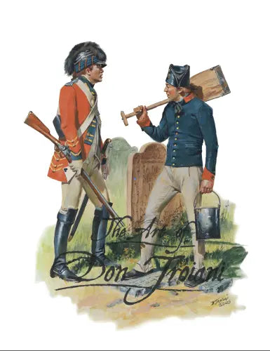 Two historical figures in 18th-century military attire stand conversing. One wears a red coat and holds a musket; the other, in blue, carries a spade and bucket. An old gravestone is in the background. The Art of Don Troiani is written across the bottom.