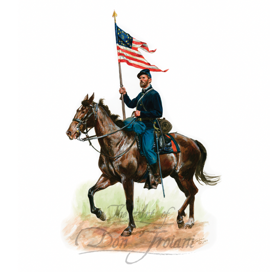 Union Cavalryman. Illustration of a soldier on horseback holding an American flag with 'The Art of Don Troiani' signature.