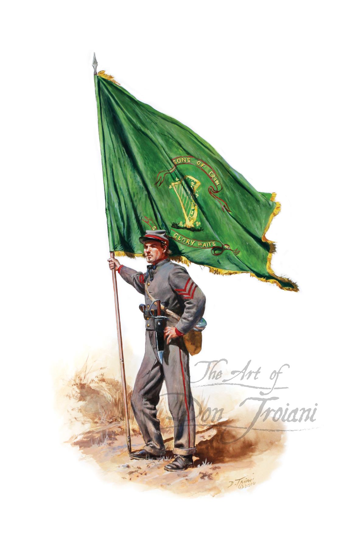  Irish Legion C.S.A.. Illustration of a soldier holding a green flag with a design, standing on a textured beige background.