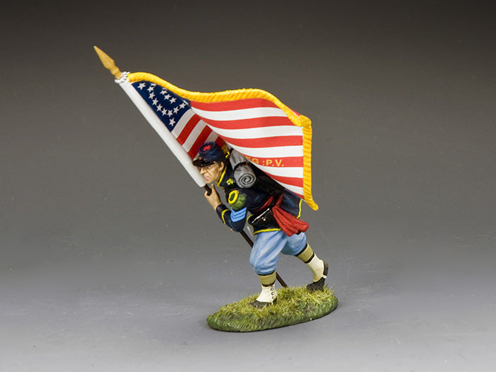 Toy Soldier Union Color Sergeant runs under the waving U.S. flag, pistol at his side, leading the 83rd Pennsylvania Volunteers.