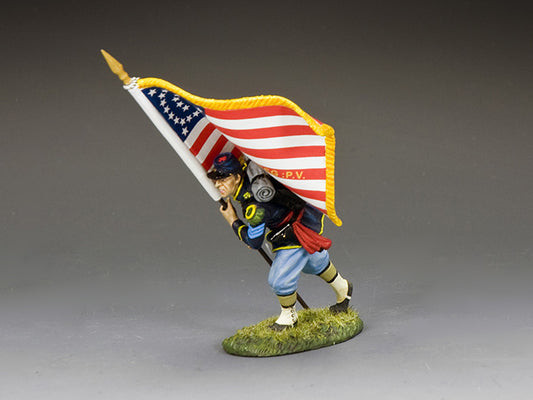 Toy Soldier Union Color Sergeant runs under the waving U.S. flag, pistol at his side, leading the 83rd Pennsylvania Volunteers.