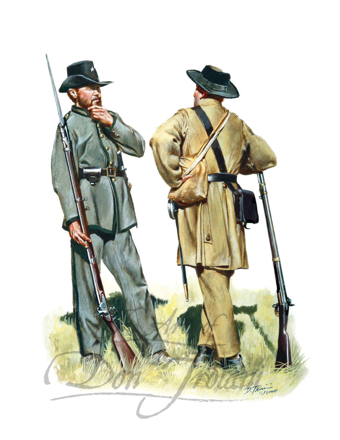6th Texas Company C, Travis Rifles Two soldiers in Civil War uniforms standing in a grassy field with rifles.