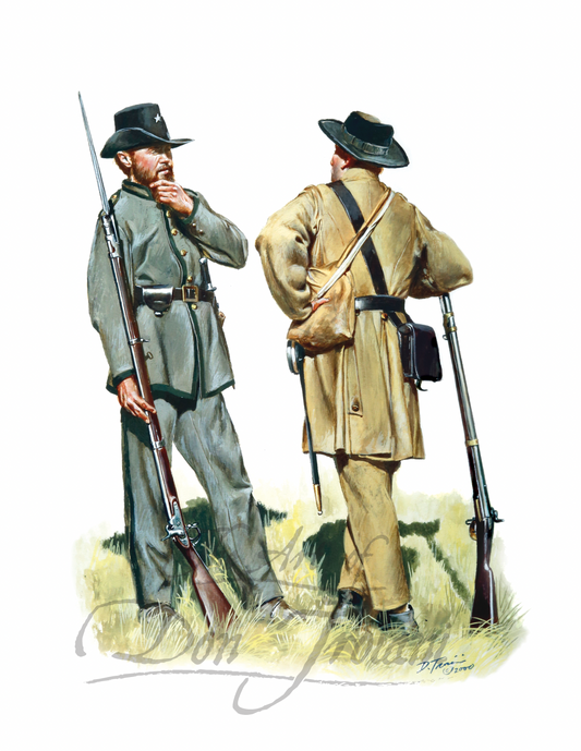 6th Texas Company C, Travis Rifles Two soldiers in Civil War uniforms standing in a grassy field with rifles.