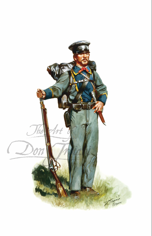 Lynchburg Rifles. Illustration of a Civil War soldier in uniform with a rifle and backpack on a white background.