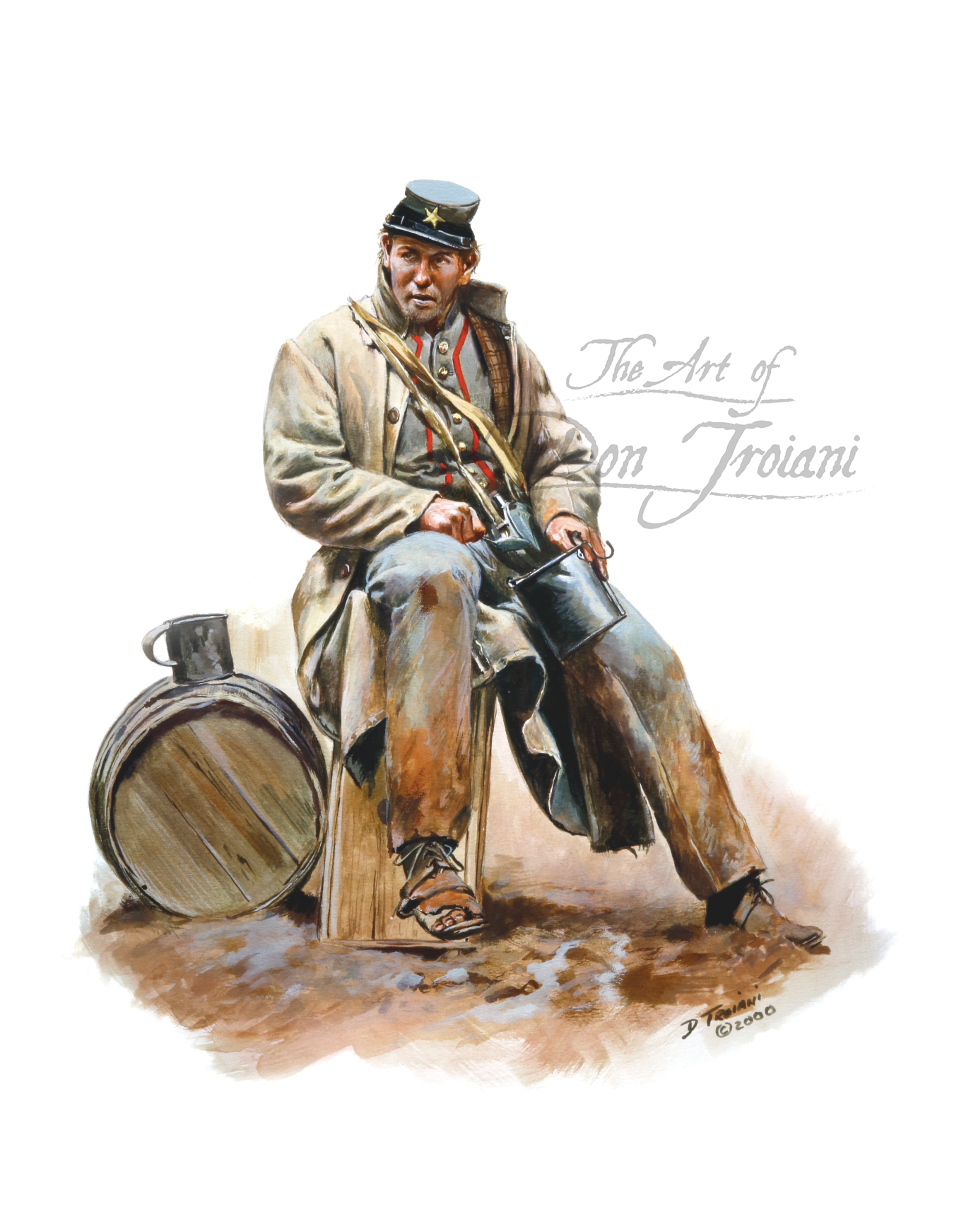 Soldier of the 14th Mississippi, C.S.A. 1862 Illustration of a soldier sitting on a barrel.
